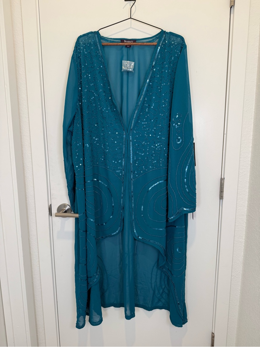 NWT Roamans Plus Size Embellished Teal Beaded Open Front Kimono Duster